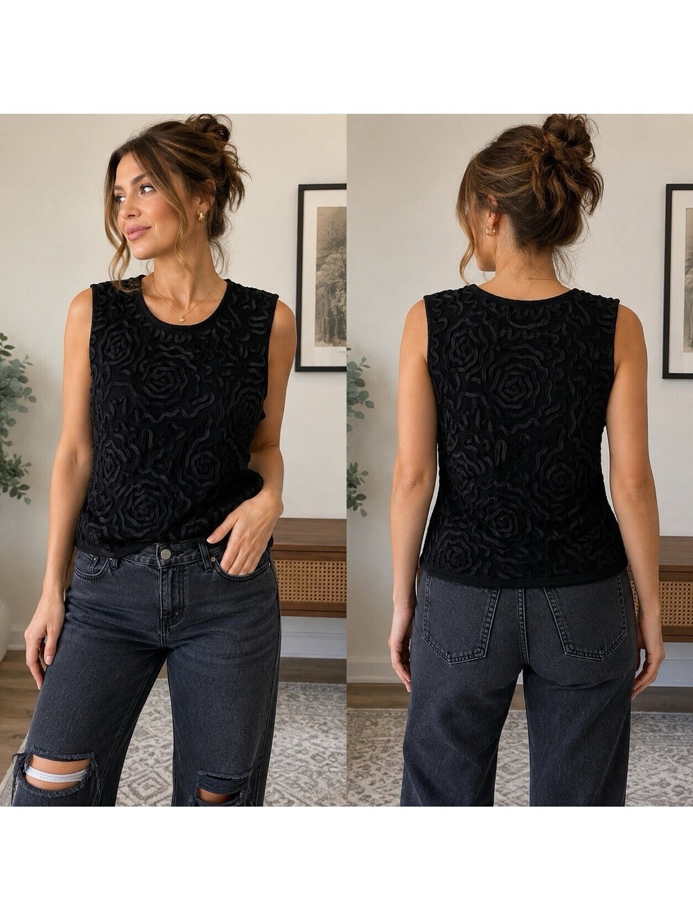 Designers Originals Luxelon Black Soutache Floral Sleeveless Top Vintage XL Goth